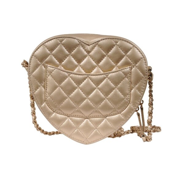 Chanel Womens Gold Metallic Lambskin Quilted CC Logo Large Heart Crossbody Bag - Picture 5 of 12